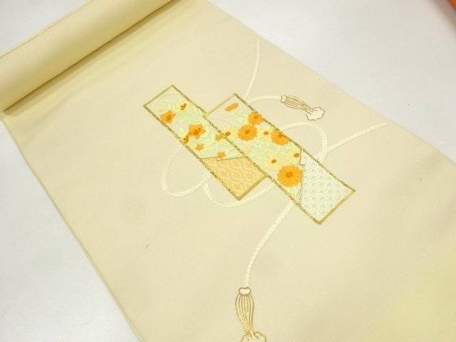 JAPANESE KIMONO / ANTIQUE BOLT FOR NAGOYA OBI / SILK / EMBROIDERY / FLOWER